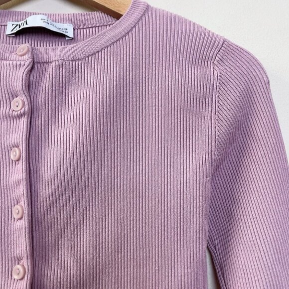 ZARA Womens Small Fitted Crop Pink Ribbed Cardigan - Picture 4 of 8